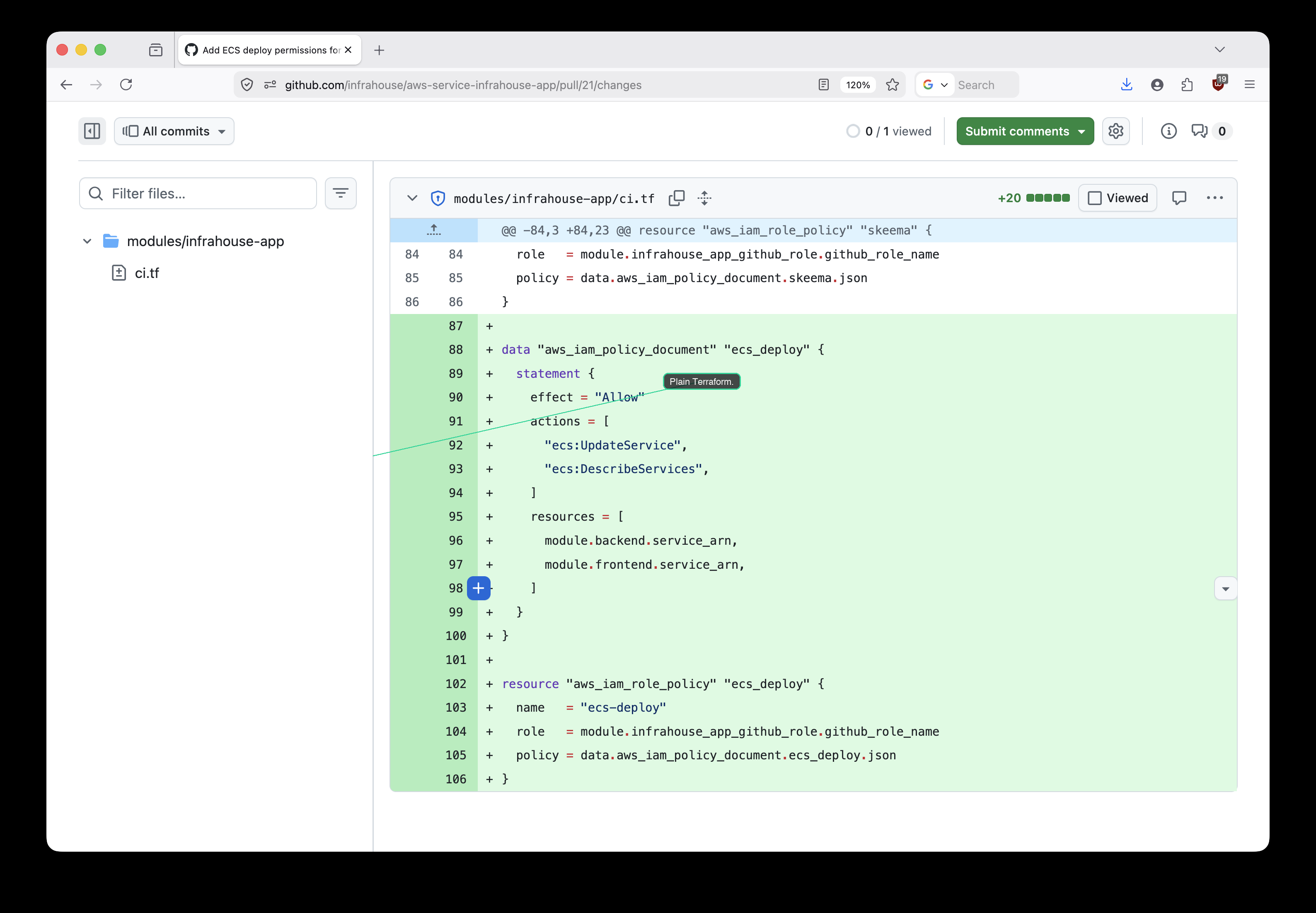 PR #21 diff — plain Terraform IAM policy